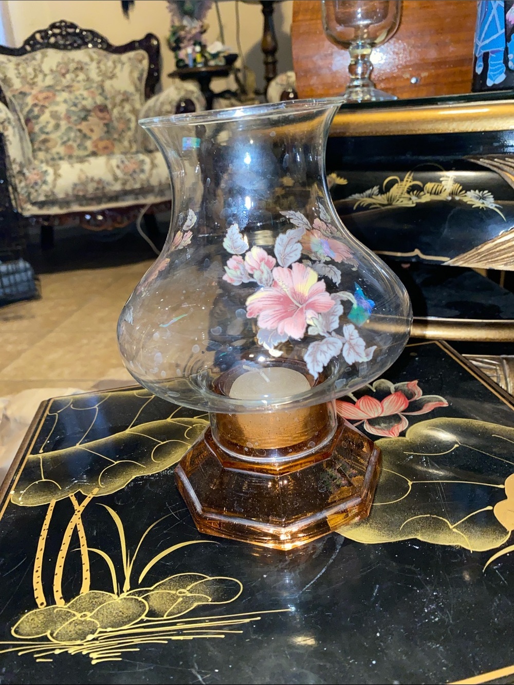 Vintage Hurricane Hand-Painted Pink Floral Glass Hurricane Candle Holder
